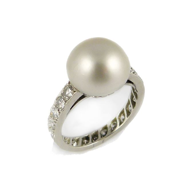 Single stone natural pearl &amp; diamond ring, | MasterArt